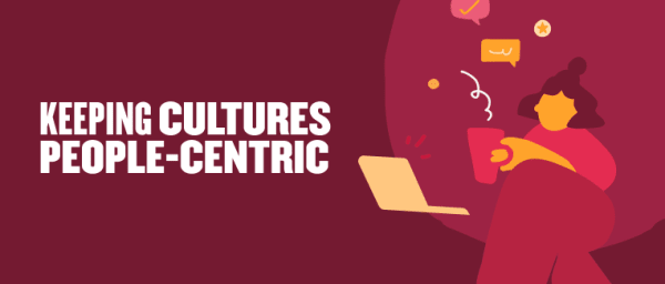 keeping cultures people-centric, illustration of a person engaging with a laptop and smartphone, vibrant colors